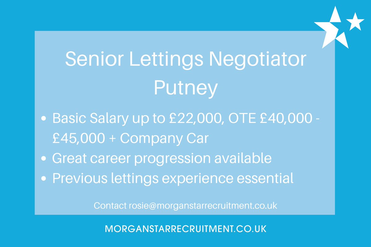 MorganStarRec's tweet photo. A super busy Lettings branch in Putney are looking for an experienced Senior Neg to join their team. 

The company offer great benefits, career progression, competitive salary and commission, 5 day working week. 

If you'd like to know more then please get in touch. 

#NewJob https://t.co/PpPEgV2zUo