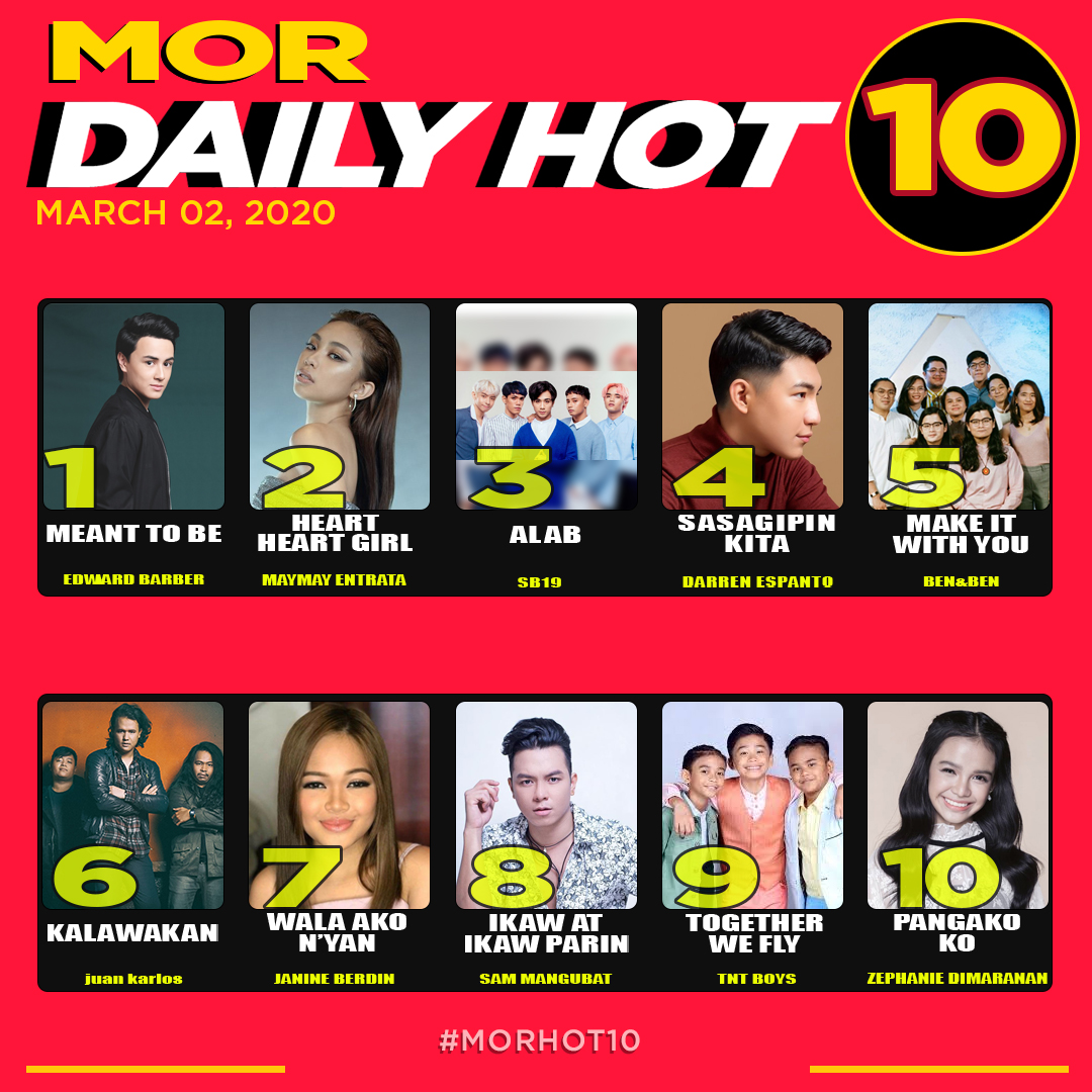 MORentPH's tweet image. Narito kaMORkada ang mga kantang pasok sa ating MOR Daily Hot 10 kahapon, March 02, 2020!

Gamitin ang ating official hashtag: #MORHot10