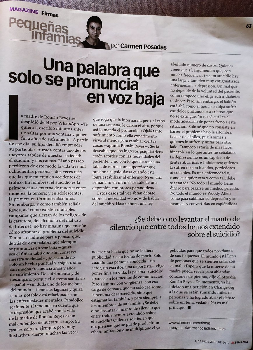 Msol59's tweet photo. 😥😟😔 #ElSuicidio. "Una palabra q solo se pronuncia en voz baja" #CPosadas
Interesante artículo q te parte el alma😔 Se podrían evitar muchos suicidios con más atención médica y cuidados especiales. Por qué no se habla de ello, cuándo es uno de los causantes de más mortandad?😟 https://t.co/FPjSDFNJNr