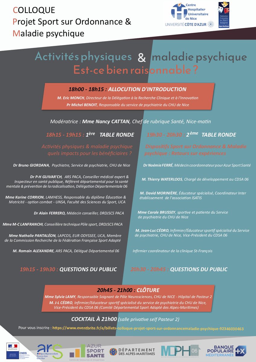 Projet Sport sur Ordonnance &amp; Maladie Psychique
Le <a href="/CHUdeNice/">CHU de Nice</a> en collab avec @Azur_SportSante et le <a href="/cdsa06/">cdsa-06</a> organise une colloque : AP et maladie psychique, est-ce bien raisonnable ? 
Le 26 Mars 2020 de 18h à 20h30 à l’Amphi le Galet Nice

⚠️inscriptions : eventbrite.fr/e/billets-coll…