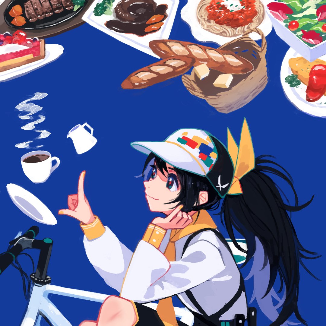 1girl bicycle food solo ponytail black hair cup  illustration images