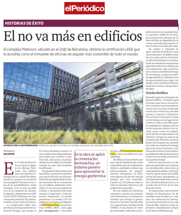 pgiengineering's tweet photo. De nuevo la prensa aplaude el Platinum@BCN, el edificio con la puntuación más elevada de la certificación Leed Platinum a nivel mundial en un complejo de oficinas de alquiler. En @pgiengineering nos enorgullece haber aportado nuestra experiencia a este proyecto #engineeredbyPGI https://t.co/QWRdzYWg9H