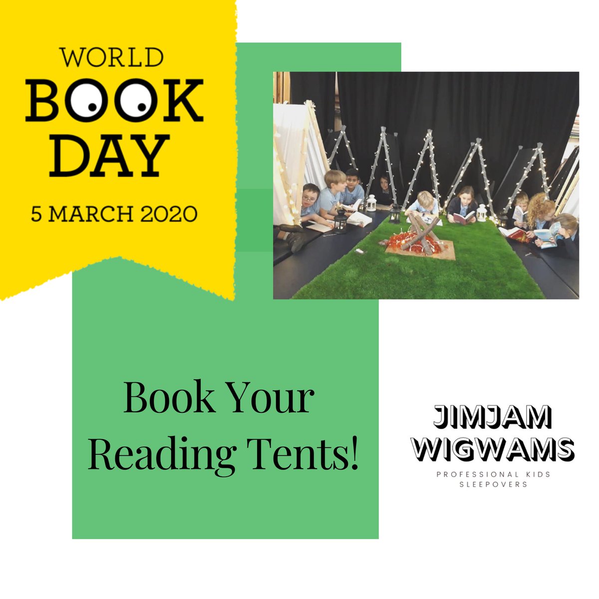 jimjamwigwams's tweet photo. 📚 World Book Day 📚 
We love working with local schools &amp; are looking forward to setting up in an Eccles school on Thursday.

We do have a number of tents still available with lights, balloons &amp; camp fires if required! 
DM or visit our website to contact us! https://t.co/aUt5qoxsBc