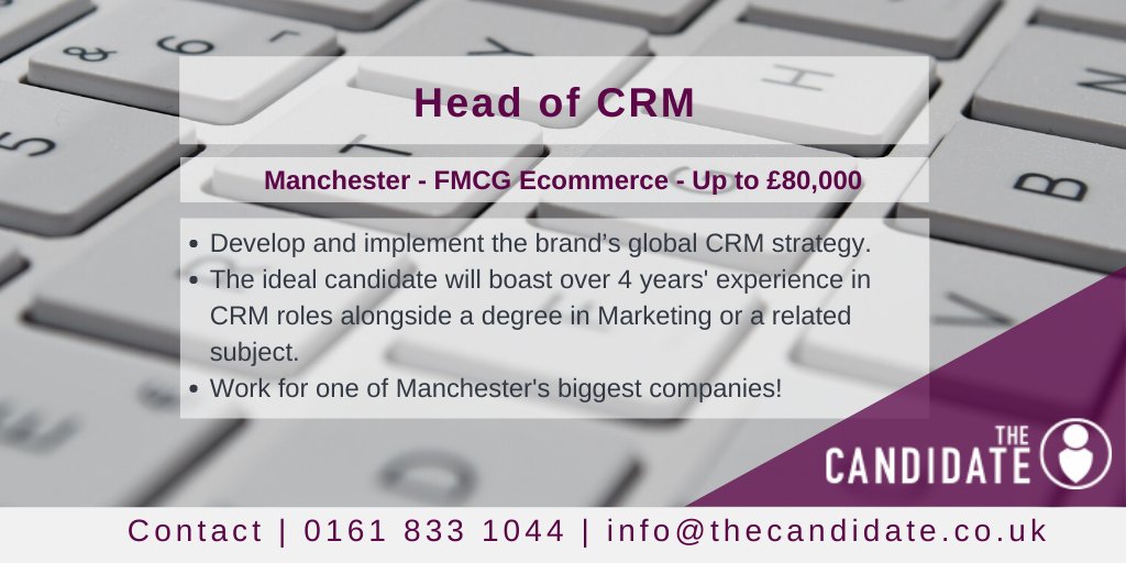 thecandidateuk's tweet image. 😜Crazy about CRM?😜

@TheCandidateAL&apos;s #digital #joboftheweek is for a #HeadofCRM with a #Manchester #Ecommerce giant. Take a look! buff.ly/2VCt8C3
