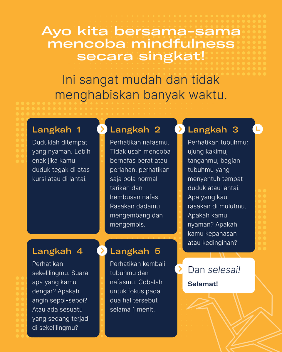 SeribuTujuan's tweet photo. Di pembahasan topik-topik sebelumnya kita sering banget kan menyebut mindfulness, terutama pas kita bahas tentang mekanisme koping (coping mechanism).
Tapi sebenarnya mindfulness itu apa sih?
#InFocusST #SeribuTujuan #MentalHealth #KesehatanMental #KesehatanJiwa #psikologi https://t.co/qdjJP32vlc