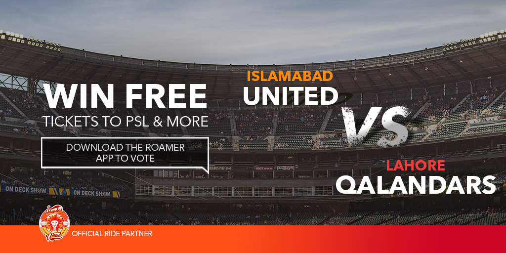 RoamerPK's tweet photo. Win FREE Tickets to an Islamabad United match, FREE Islamabad United shirts &amp; FREE Roamer rides!

Guess who will win the match between ISL United &amp; LHR Qalandars? Install the app to vote: https://t.co/hoKxlWOz2a

#ISLUxRoamer #ISLU #HBLPSLV #PSL2020 #ISLUvLHRQ #LHRQvISLU https://t.co/bGCmgkceNS
