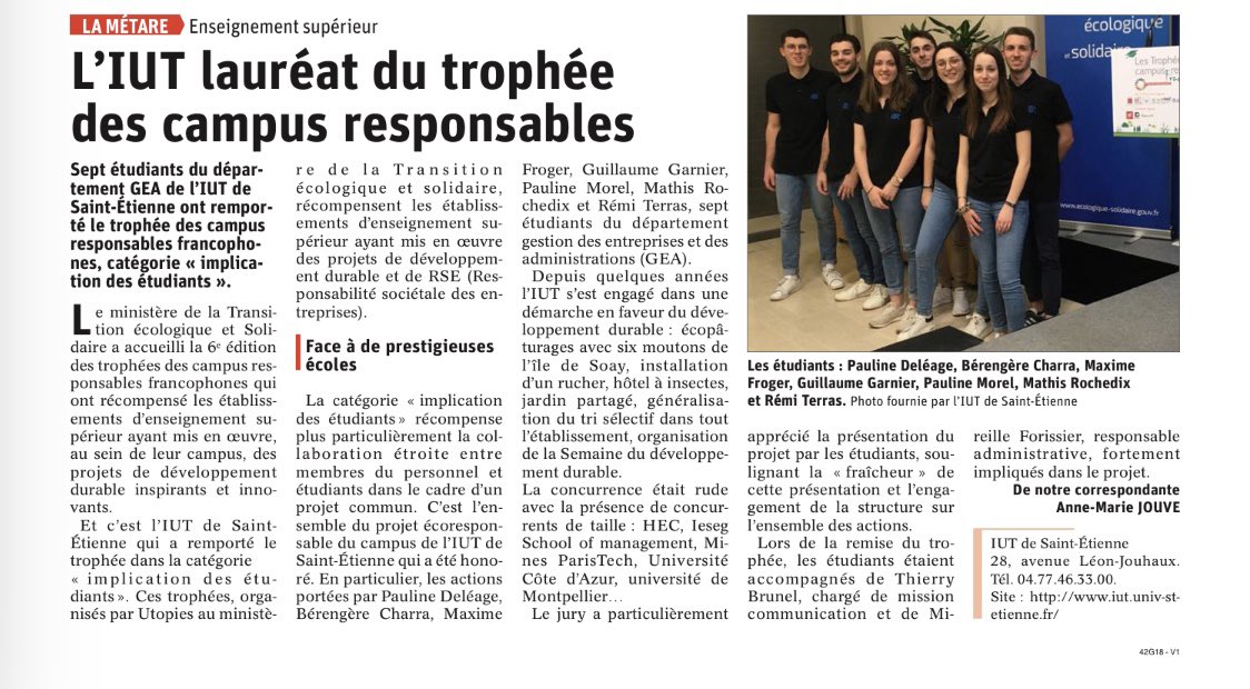 Félicitations à l’<a href="/IUTsaintetienne/">IUT de Saint-Etienne</a> d’avoir remporté le trophée des campus responsables francophones, catégorie « implication des étudiants ». 

Un événement organisé par <a href="/Utopies_Paris/">UTOPIES</a> au Ministère  <a href="/Ecologie_Gouv/">Min. Ecologie Territoire Transports Ville Logement</a>.