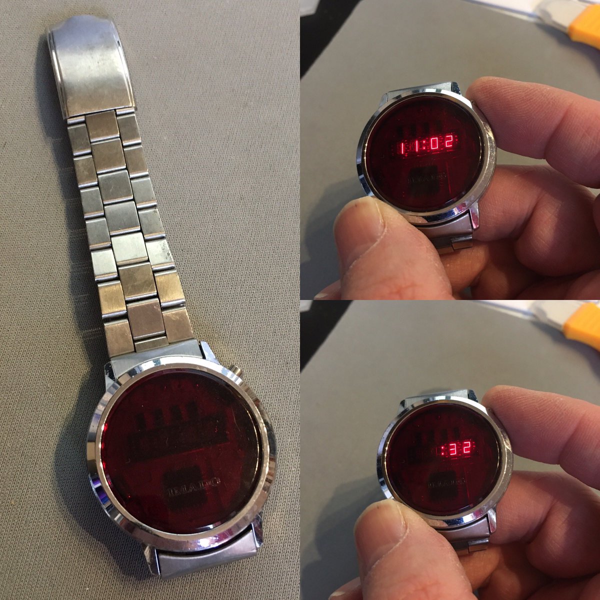 spangleit's tweet photo. Over the Weekend sorting through some old bits, found my first #DigitalWatch #Imado #RedLed #wristwatch two new batteries and hey presto back to #1976, just don’t ask the date I only have time https://t.co/J9kt3pEGzx