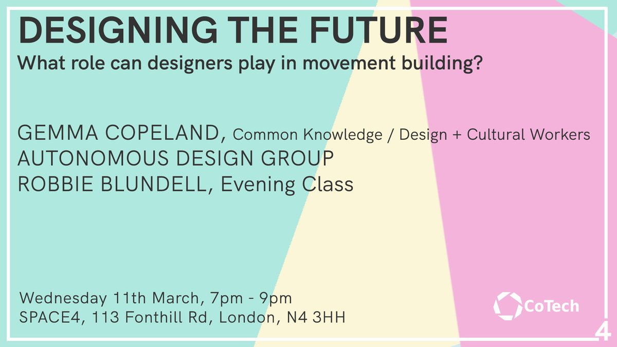 space4coop's tweet image. Design plays a key role in our every day lives &amp;amp; as we face global political insecurity &amp;amp; environmental catastrophe, what role can designers play in building strong social movements?

Join the discussion &amp;amp; hear it straight from our speakers @GemCopeland @we_are_adg @evening_class