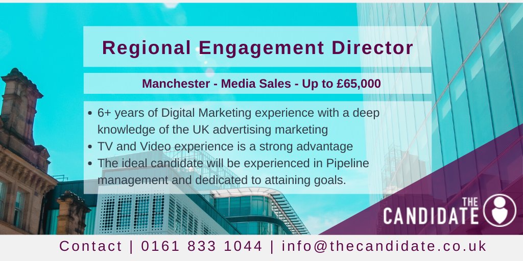 thecandidateuk's tweet image. 🌬️ This role will blow you away!🌬️ 

TheCandidateLW&apos;s #senior #joboftheweek is for a #RegionalEngagementDirector for our innovative #Manchester #MediaSales client. Find out more... buff.ly/38kOkPL