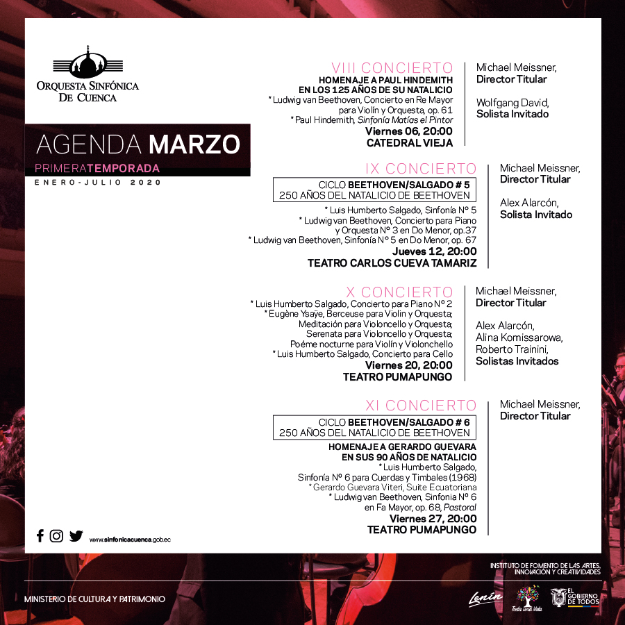SinfonicaCuenca's tweet photo. ¡Compartimos la agenda de conciertos de la @SinfonicaCuenca para el mes de marzo a fin de que puedan planificar sus actividades y asistir a nuestros eventos! #OrquestaSinfónicadeCuenca #PasiónporlaMúsica #AmamosloqueHacemos #CicloBeethovenSalgado #MichaelMeissner #OSC https://t.co/C0503IbgoO