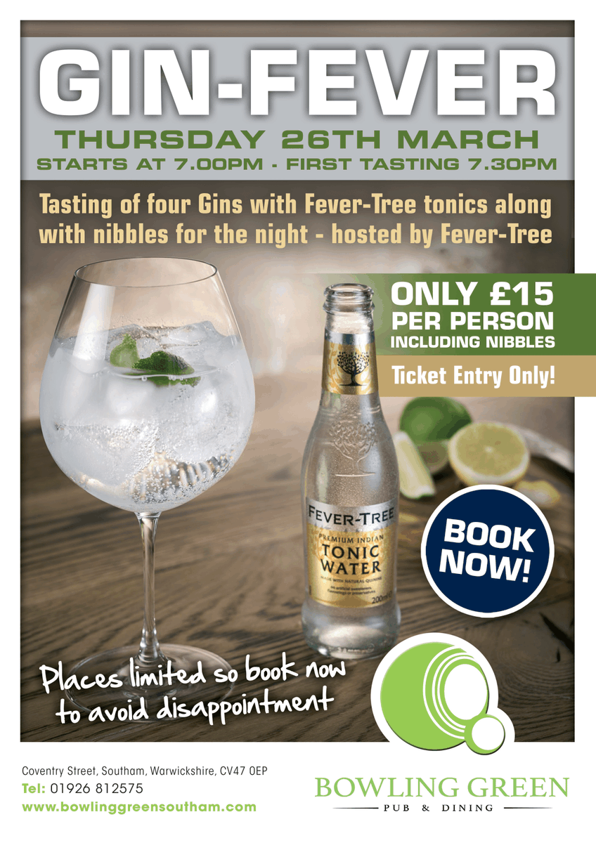 bowler_green's tweet photo. We all have a bit of #Gin-Fever at #TheBowingGreen, and we want to invite you to join! You'll be able to taste four Gins with #Fevertreemixers, accompanied by nibbles for a mouth-watering combination. Tickets are £15 per person, spaces are limited so book now! https://t.co/hTIwfoFjWe