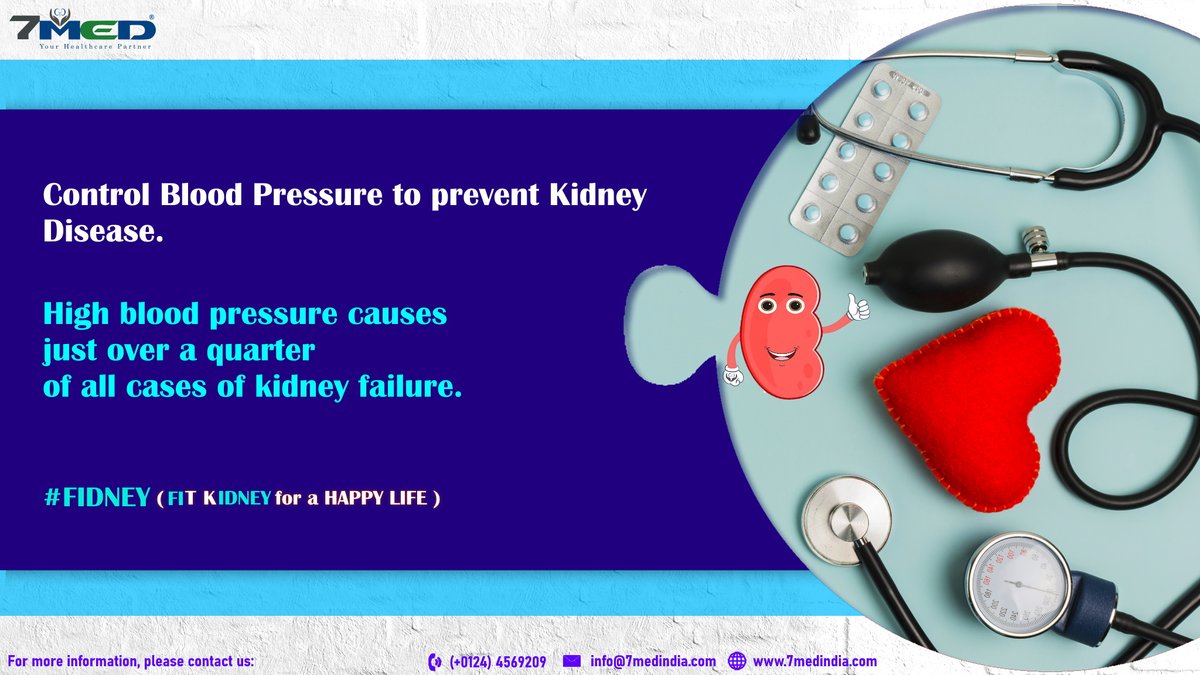7medIndia's tweet photo. High blood pressure is a leading cause of Kidney Disease & Kidney Failure.
Exercise, Reduce Weight, Cut salt, carbs & fat & follow doctor's advice to avoid high BP.
#FIDNEY #7Med #Dialysis #Health #Move4Kidneys
Refer Src: https://t.co/Emoo6zBESS, https://t.co/B03xVkpnUY https://t.co/jHgUUO7jV8