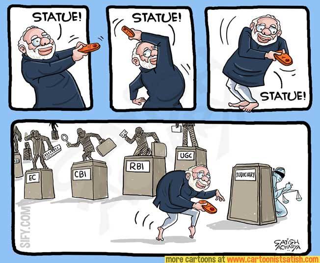 Loquacious_Lion's tweet photo. Excellent piece by @satishacharya from couple of years back.

Modi G turns Institutions into lifeless "statues".

Updated version should have Judiciary bound &amp; gagged, and the Army represented by a bulldog that looks like Rawat.

I may have said this before, we are so screwed. https://t.co/qVjHEGcUHp