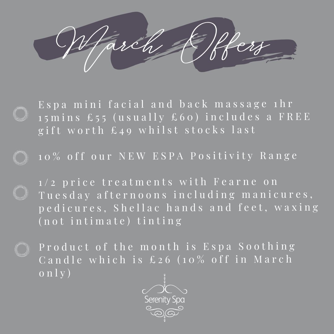 SerenityFormby's tweet photo. Here's our offers for March and for Mother's Day π
Message us to book your appointments for the month ahead π
#mothersdayoffers #serenityspa #formbyspa #espaskincare #massageservices #massage #bodytreatment #relax #pamper https://t.co/eAhHdL60T4