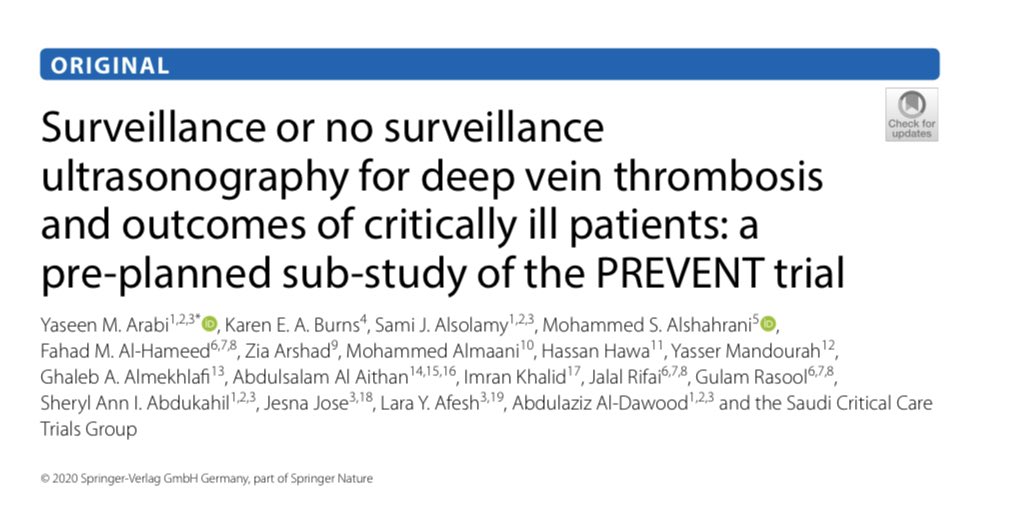 YaseenarabiYa's tweet photo. Preplanned observational study: Twice‑weekly ultrasonography was associated with 4-fold increase in DVT detection, earlier diagnosis of #DVT and #PE, and possibly lower 90‑day mortality 
@preventstudy
 #SCCTG #VTE 
@yourICM

https://t.co/ZjS9ObuRw1 https://t.co/5ybCINIrX3