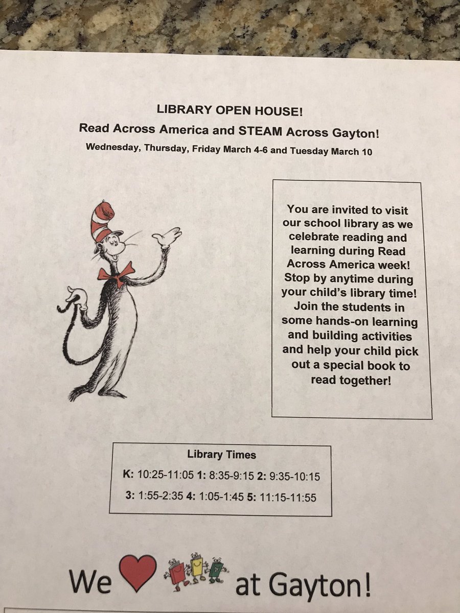 GaytonESLibrary's tweet image. Happy Read Across America day! Gayton is excited to welcome our special guest reader, school board representative Marcie Shea this morning! Mrs. Shea will kick off our STEAM across Gayton week! Can’t wait for the fun to begin! @GaytonESLibrary @hcpslib @MarcieShea