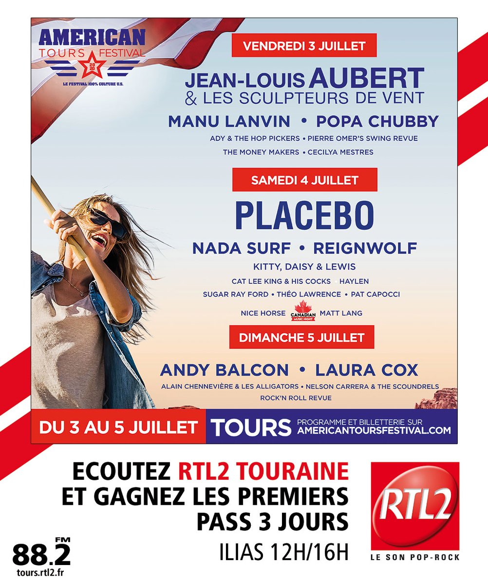 RTL2Touraine's tweet photo. 🎁 Cette semaine, gagnez vos PASS 3 JOURS pour l'@atf_officiel 
📻Un événement @RTL2officiel 
 #tours #toursmaville #americantoursfestival #indreetloire #loirevalley #tmv #placebo #jeanlouisaubert #nadasurf #rtl2 https://t.co/B2WRGyAPrZ