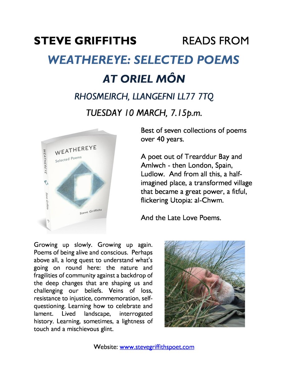 grifusion's tweet photo. Reading from Weathereye: Selected Poems coming up at Oriel Môn, Llangefni Tuesday 10 March. History, urban and ancient, community and landscape, grit and pearls. &amp; Late Love Poems @NorthWalesChron @AngleseyScMedia @YnysMonAnglesey @OwenFiona @angleseycouncil @northwaleslive https://t.co/AeBMK4nmqf