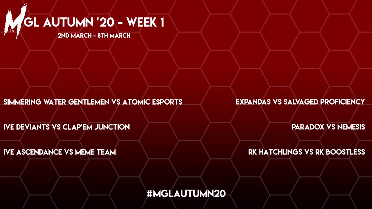 The MGL Autumn ‘20 Season has officially started! 

Here’s the week 1 games, we can’t wait to see how all the teams do!

Let’s make it an amazing season and remember to always 
#KeepTheMomentum
#MGLAutumn20