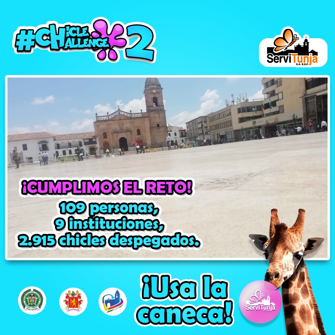 LaFMBoyaca_'s tweet photo. Jornada del #chiclechallenge realizada en todo el país, arroja cifras preocupantes. En #Tunja, de la plaza de Bolívar fueron despegados más de 2 mil chicles. La actividad realizada en 8 ciudades de manera simultánea dejó como resultado 19.085 chicles despegados. @ServiTunjaSAESP https://t.co/8WgVyRqXND