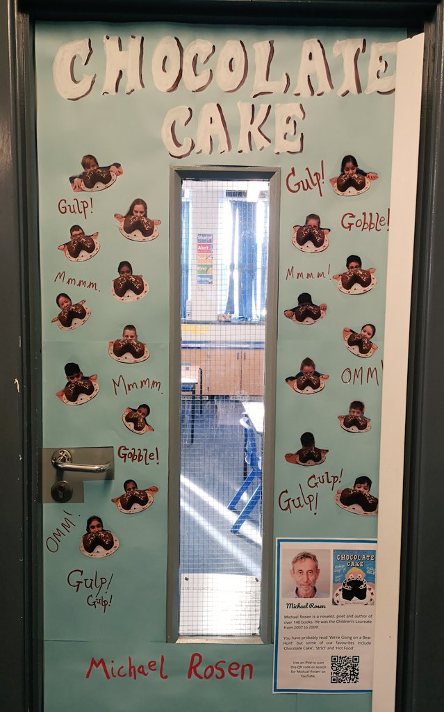 EastDeneY5's tweet photo. Our #BookWeek classroom door is ready to go. There was no other option than to do our class favourite - Chocolate Cake by @MichaelRosenYes. 🍰📚 #WorldBookDay https://t.co/HiztcjJJct