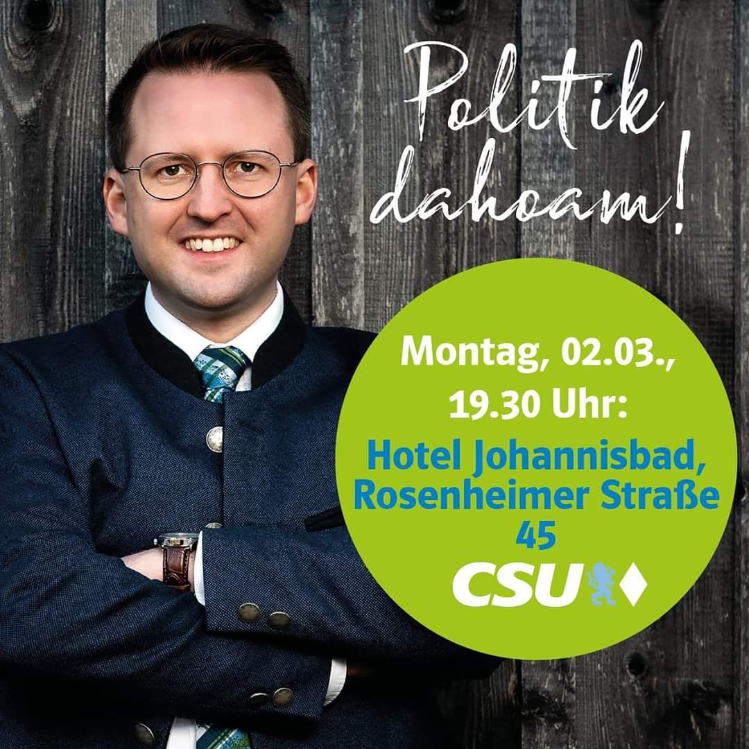 StephanSchlier's tweet photo. „Politik dahoam in Bad Aibling“ - Herzliche Einladung für heute Abend ins Hotel Johannisbad zu unserer Kandidaten- und meiner Vorstellung als Bürgermeisterkandidat.

#BadAiblingimHerzen #HeimatmitZukunft #HeimatmitPotential #TeamSchlier #TeamAibling #Schlierwählen #BadAibling https://t.co/cwGwR5ZlQU