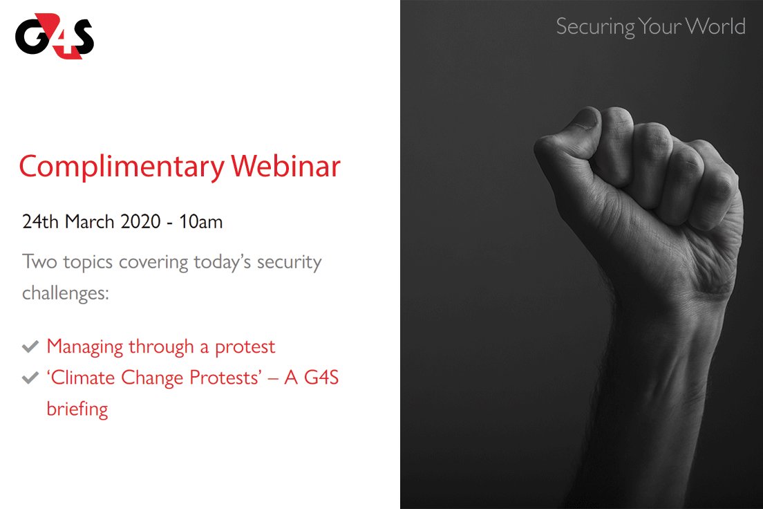 Join us on 24th March 2020 from 10 am for a  webinar on protest management, with content including protester tactics and management techniques. Find out more and register here ow.ly/iK4b50yAcwn

#G4S #SecuringYourWorld #Protests #Webinar #Security