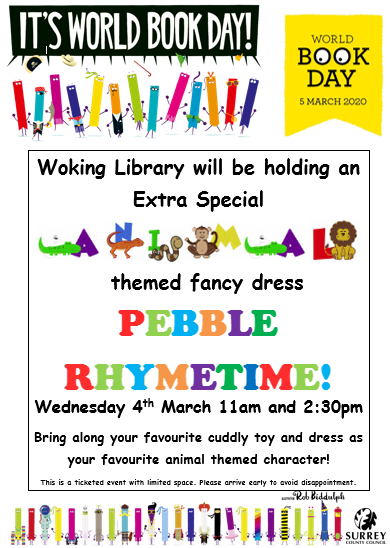 WokingLibrary's tweet photo. Are you ready? We are just two days away from our animal themed #Rhymetime πΆ on 4th March for #WorldBookDay2020! Dress as your favourite animal or bring an animal toy with you to #WokingLibrary.π§π° Entry is by ticket only, available 30 minutes before the event.@WorldBookDayUK https://t.co/YYvStV6VXh
