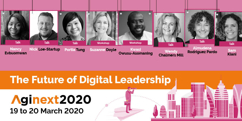 Aginextio's tweet photo. What does leading in an #agile world look like and what is the future of #DigitalLeadership? Join these wonderful speakers and facilitators at #Aginext to learn about #AgileLeadership and more https://t.co/SGbH17grK4 https://t.co/Qq6Nt0GMK2