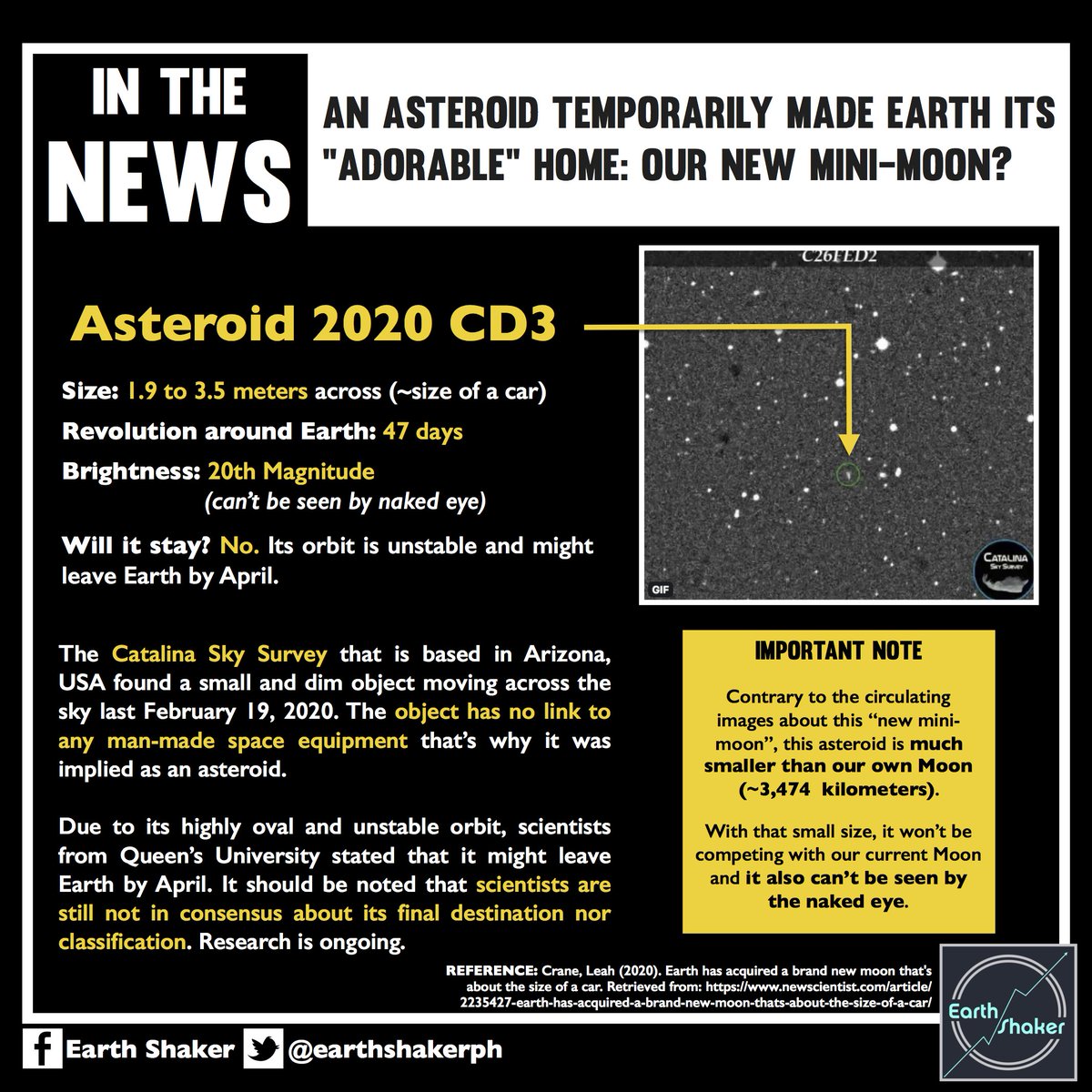 jadejadushyant's tweet image. An Asteroid #2020CD3(mini-moon) formally known as C26FED2 temporarily md #Earth its #AdorableHome,orbiting since past 3yrs.
However,it might leave us by April due to its unstable orbit. Bt data suggests tht during escape may get caught in moon's gravity&amp;amp;orbit as moon's moon🤩⁉️🌒