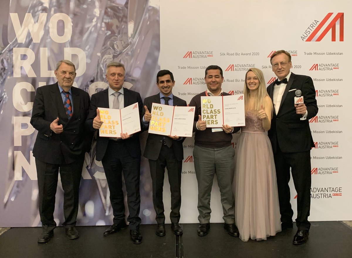 RudolfThaler's tweet photo. The WINNERS of the #SilkRoadBizAward 2020 at the #AdvantageAustria reception in #Tashkent on the occasion of the visit of the largest Austrian @wko_aw #trademission ever to #Uzbekistan headed by @WKOe VP Richard Schenz: 🇦🇹#BERTSCHlaska
🇦🇹#HerzArmaturen 🇦🇹#Starlinger https://t.co/uud3DY9t2e