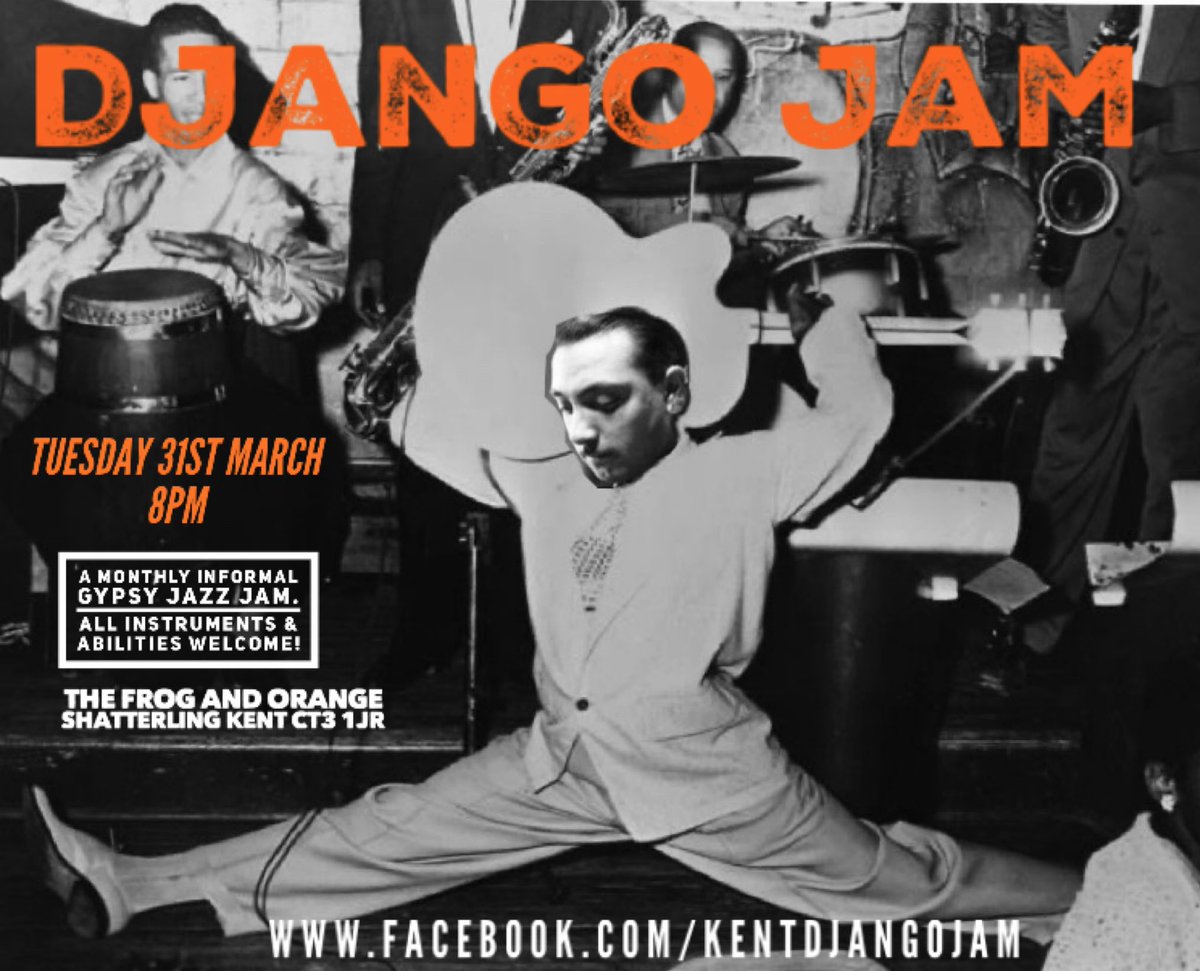 KentDjangoJam's tweet photo. Expose your D-Bone at Kent Django Jam &amp; it doesn’t make any difference if your guitar has a strap on. Tuesday 31st March 8pm #djangoreinhardt #gypsyjazz #gypsyswing #jazz #jazzmanouche #kent #jamsession #kentjamsession #thefrogandorange #shatterling  #guitar #gypsyjazzguitar https://t.co/PSdEJxCIKV