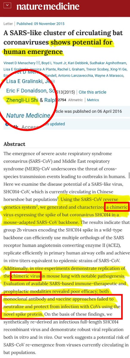 61. Dr. Zhengli Shi from Wuhan returns! She & others, principally in NC, USA, were creating coronavirus chimeras w/spike proteins that were not neutralized by antibodies or vaccines.As I've said:-2019-nCoV is an artificial chimera-What if there were ever a leak in the USA?