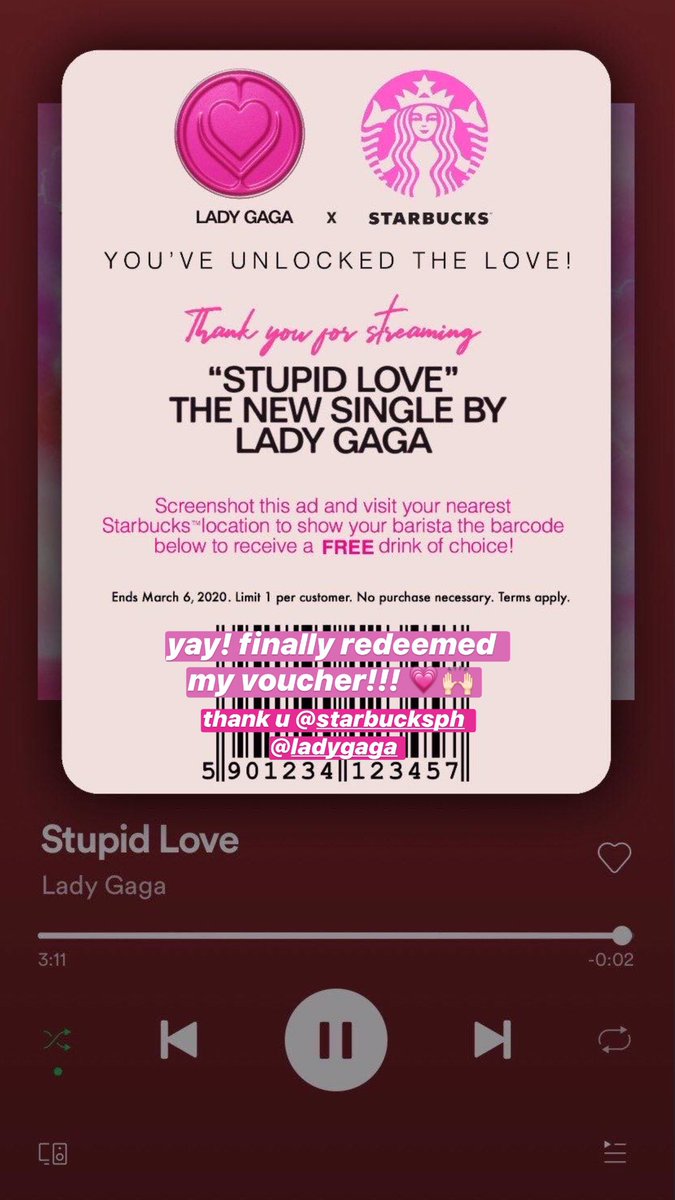 gabmonstere's tweet photo. finally got my own voucher!!! ๐๐คช can't wait to redeem my favorite drink from starbucks!!! ๐๐ป thank you @ladygaga #StupidLoveBucks keep streaming everyone til you get yours too! ๐๐ป๐ https://t.co/6c4wIr8Qdt