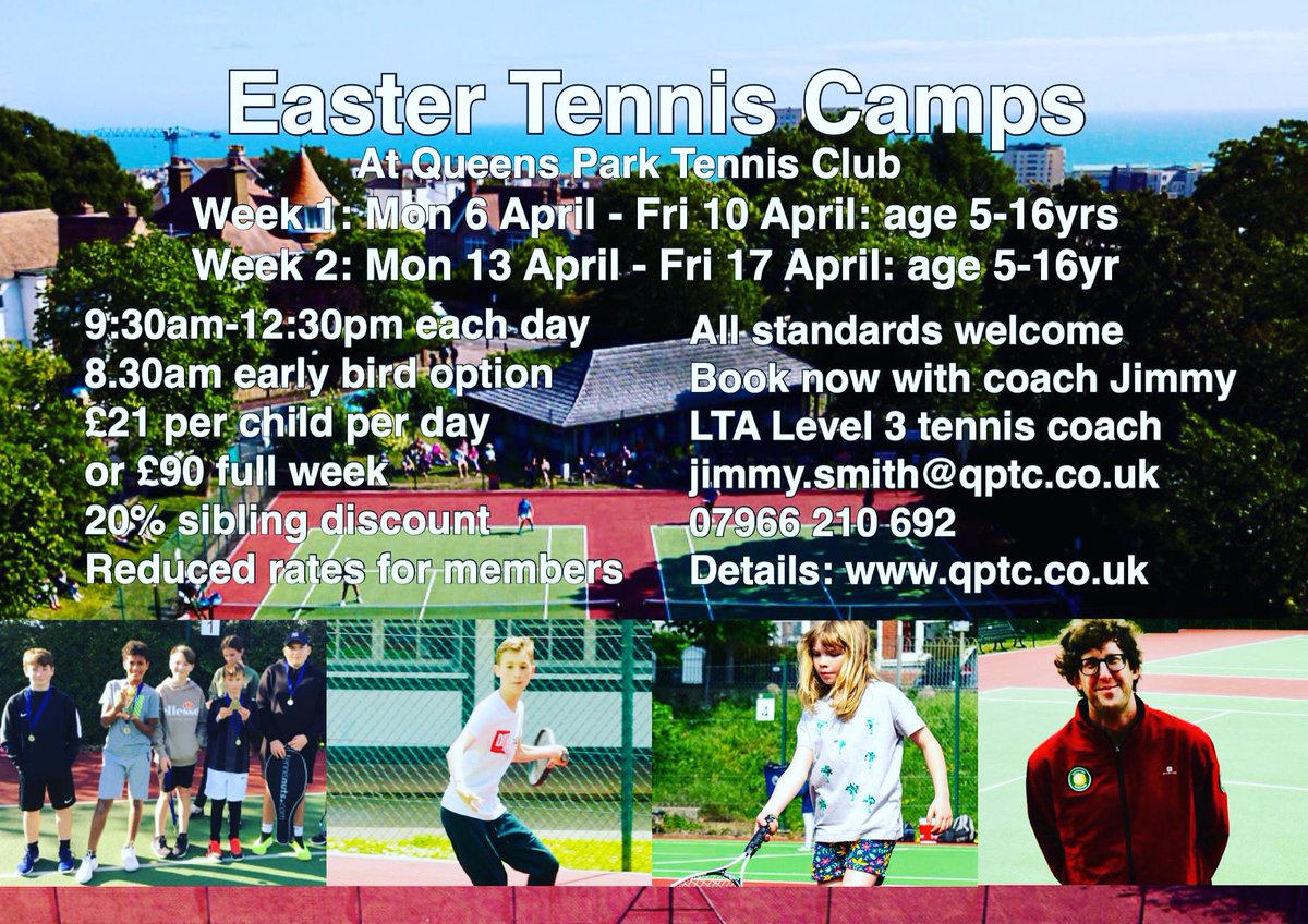 qpltc's tweet photo. Bookings now open for our #kidseastertenniscamps 20% sibling discounts available and early drop off from 8:30am. Contact coach @encoretennisjim to book now! #queenspark #queensparkbrighton #tennisbrighton #easter #kidseaster #sussextennis #tennissussex #holidaycamps https://t.co/CzwpfaUw0j