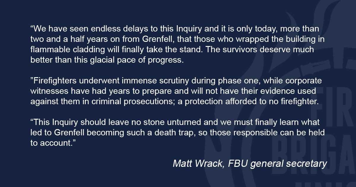 fbunational's tweet photo. In Phase 2 of the #Grenfell Inquiry those that worked for the companies who made the building a death trap are being given legal protections not afforded to firefighters. Survivors and the families of those lost deserve so much more than this legal chicanery. https://t.co/7VEaxsVrK7