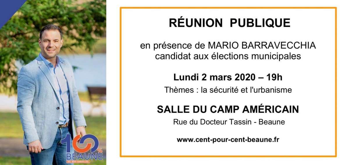 100pr100Beaune's tweet photo. Bonjour à toutes et tous !

Nous vous donnons rendez-vous ce soir pour une réunion
publique à 19h - Salle du Camp américain.

Les thèmes abordés seront : l'urbanisme et la sécurité.

Au plaisir de vous rencontrer et d'échanger ensemble.

#centpourcentbeaune #Beaune2020 https://t.co/CwvXu617yx