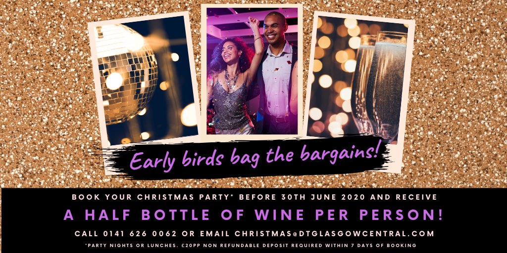DTGlasgowCtrl's tweet photo. 📢WARNING! CHRISTMAS ANNOUNCEMENT!📢 Avert your eyes now if it's too early for you! 🙈 Early booker offer now on 🎅 Speak to our events team 0141 626 0062 or email christmas@dtglasgowcentral.com
#DTGlitterBall #PartyNights #PartyLunch #Christmas #EarlyBooker #Offer https://t.co/xN9P9sVCXS