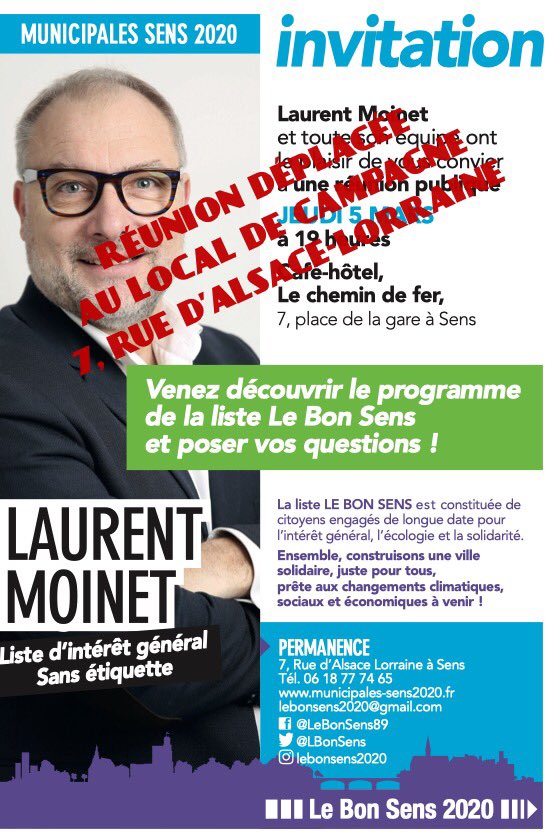 LBonSens's tweet photo. Réunion déplacée au 7 rue d’Alsace-Lorraine,
Venez à la Rencontre de @laurentmoinet 
Le quartier de la gare est un point important de notre programme. Une rencontre avec les résidents et commerçants est donc essentielle. Venez nombreux le 5 mars à 19H00 https://t.co/aqFAvsFiw4