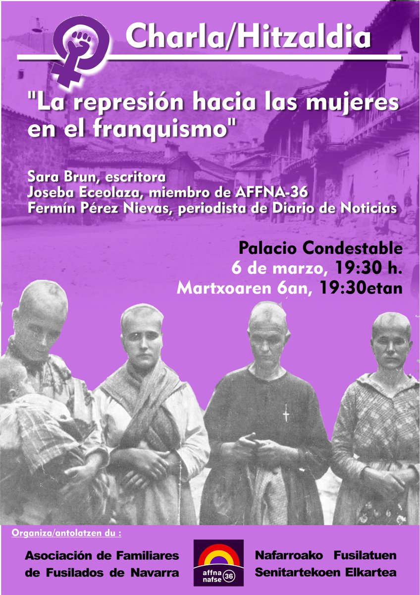Charla para acercarnos a las vivencias de quienes fueron protagonistas de la guerra y de la dictadura franquista. A través de la mirada de las mujeres navarras que sufrieron represión y muerte. De la mano de <a href="/Affna36/">AFFNA-36-NAFSE</a>. Con <a href="/josebaeceolaza/">Joseba Eceolaza</a> <a href="/mintxopn/">fermin perez-nievas</a> y Sara Brun.