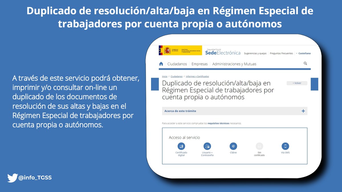 info_TGSS's tweet photo. ¿Eres #autónomo? ¿Necesitas una copia de la resolución del alta o de la baja en el régimen? Puedes acceder fácilmente a través de la #SEDESS en ➡️ https://t.co/1fTPUw4npE https://t.co/CbdEStMEHk