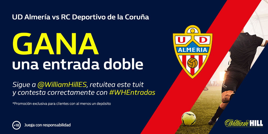 WilliamHillES's tweet photo. 🎟🎟 Sorteamos 3 entradas dobles para el #AlmeríaDépor ⚽
✅ Síguenos
🔁 Haz RT
💬 Responde con #WHEntradas ¿Quién es, hasta la fecha, el máximo goleador del Almería esta temporada? @U_D_Almeria
⏱Ganadores: 03/03/2020
T&C 👉 https://t.co/TWykD4btXH https://t.co/Y0mr1pUhJI