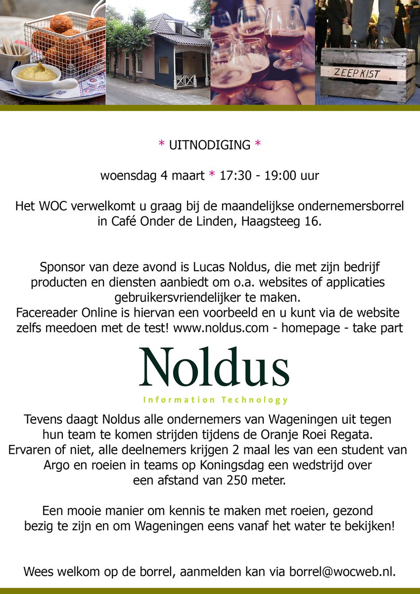 Een nieuwe maand, dus dat betekent komende woensdag ook weer een Wagenings Ondernemers Café in <a href="/OnderDeLinden__/">Café Onder de Linden</a> Sponsor deze maand is <a href="/NoldusIT/">Noldus IT</a>
Wees welkom, graag even aanmelden via borrel@wocweb.nl.