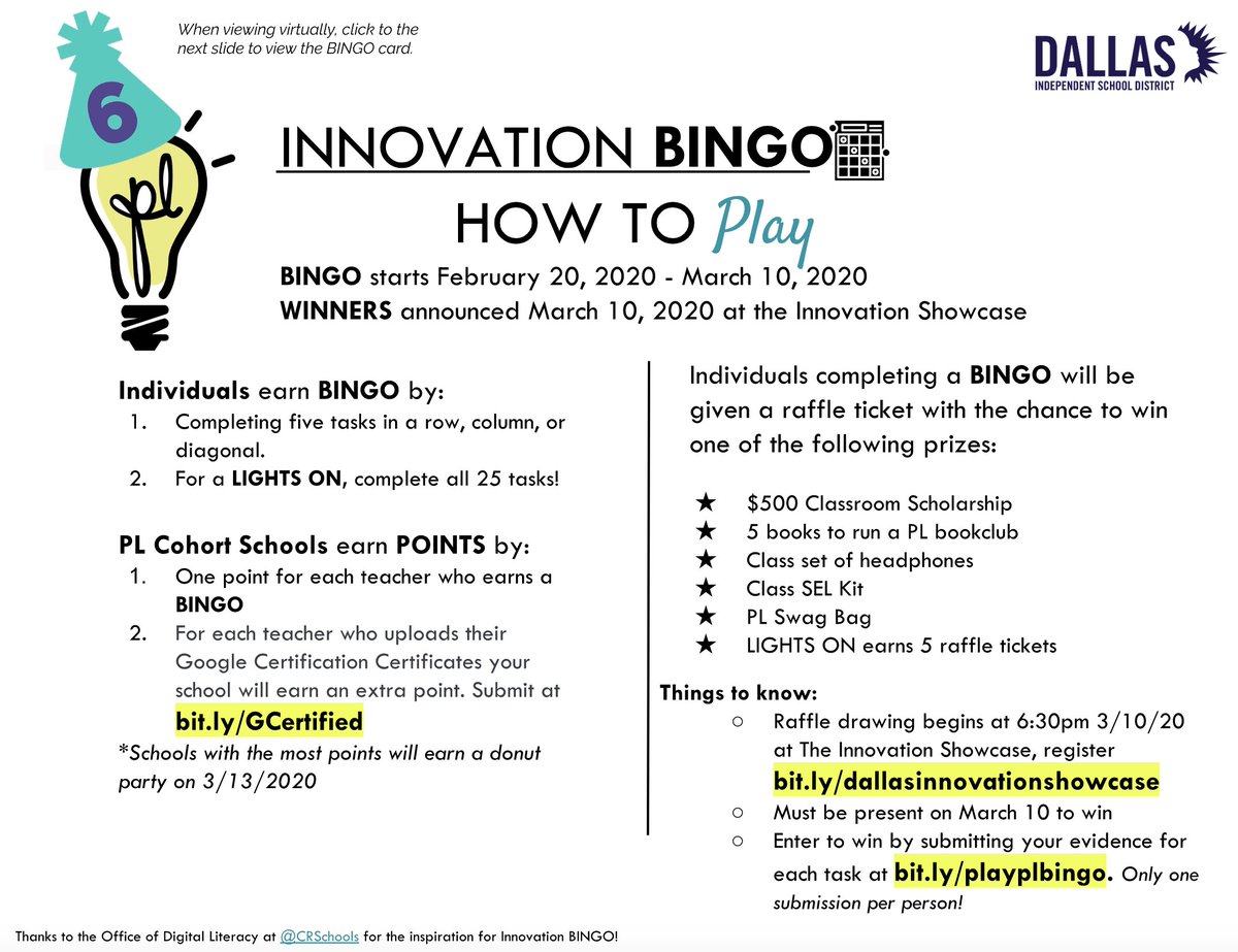 k10watkins's tweet photo. It's the last week to play #DallasPLBINGO to earn $500 for classroom resources + many other prizes. Winners will be announced at our Innovation Showcase March 10th! Access the digital board at:https://t.co/tC38lPydrV @PersonalizeDISD https://t.co/Oufih9XIve