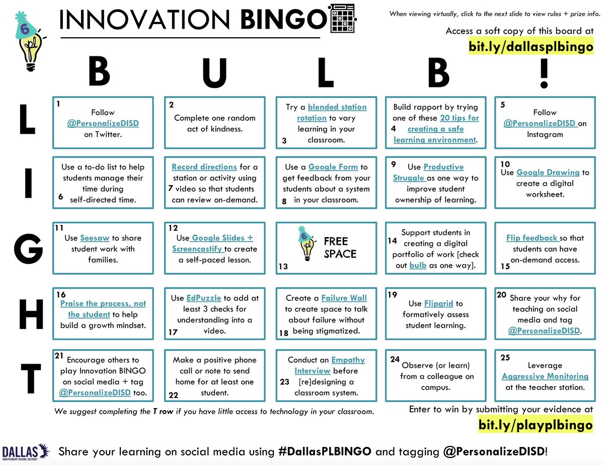 k10watkins's tweet photo. It's the last week to play #DallasPLBINGO to earn $500 for classroom resources + many other prizes. Winners will be announced at our Innovation Showcase March 10th! Access the digital board at:https://t.co/tC38lPydrV @PersonalizeDISD https://t.co/Oufih9XIve