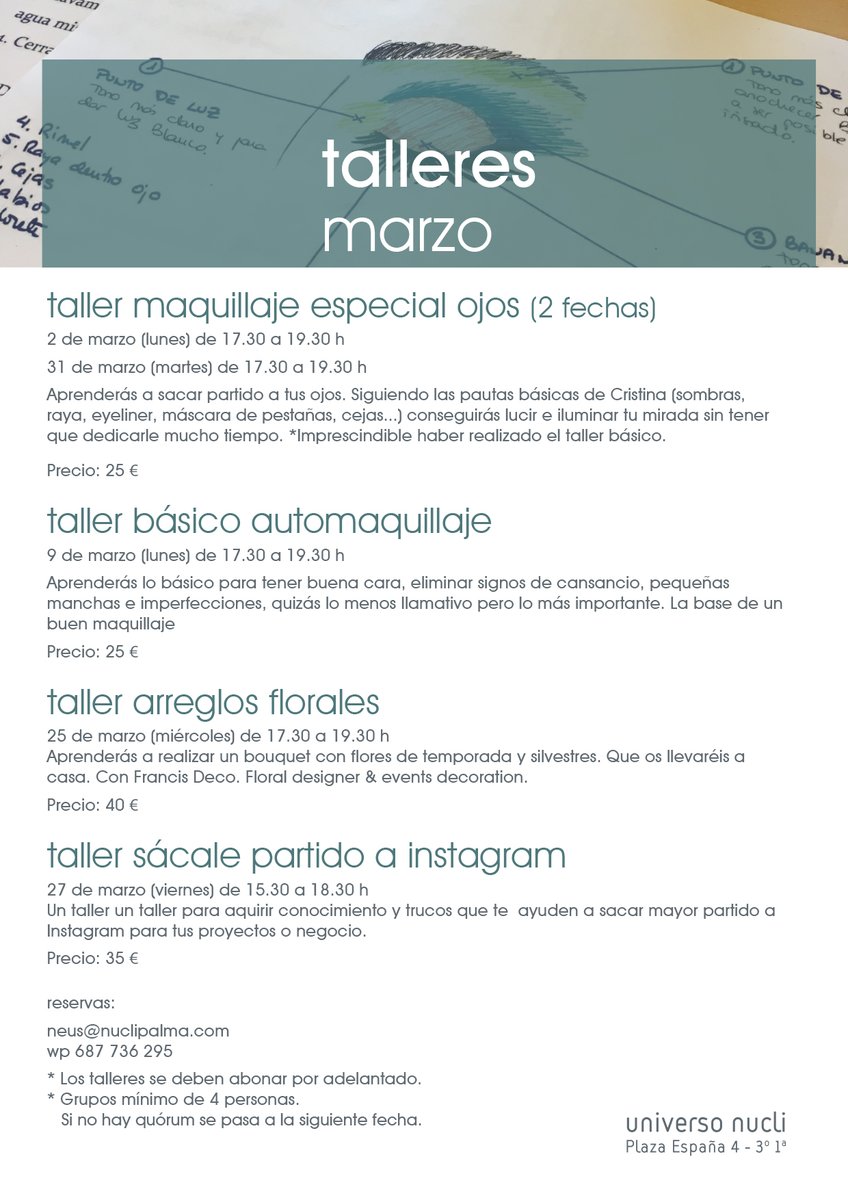 Acabamos de enviar la newsletter con los eventos de marzo. Si aún no la recibes y quieres enterarte de todo mándanos tu mail ;) Aquí teneís los talleres de marzo. Os esperamos!
#talleresnucli #nucli #universonucli #Palma #marzo