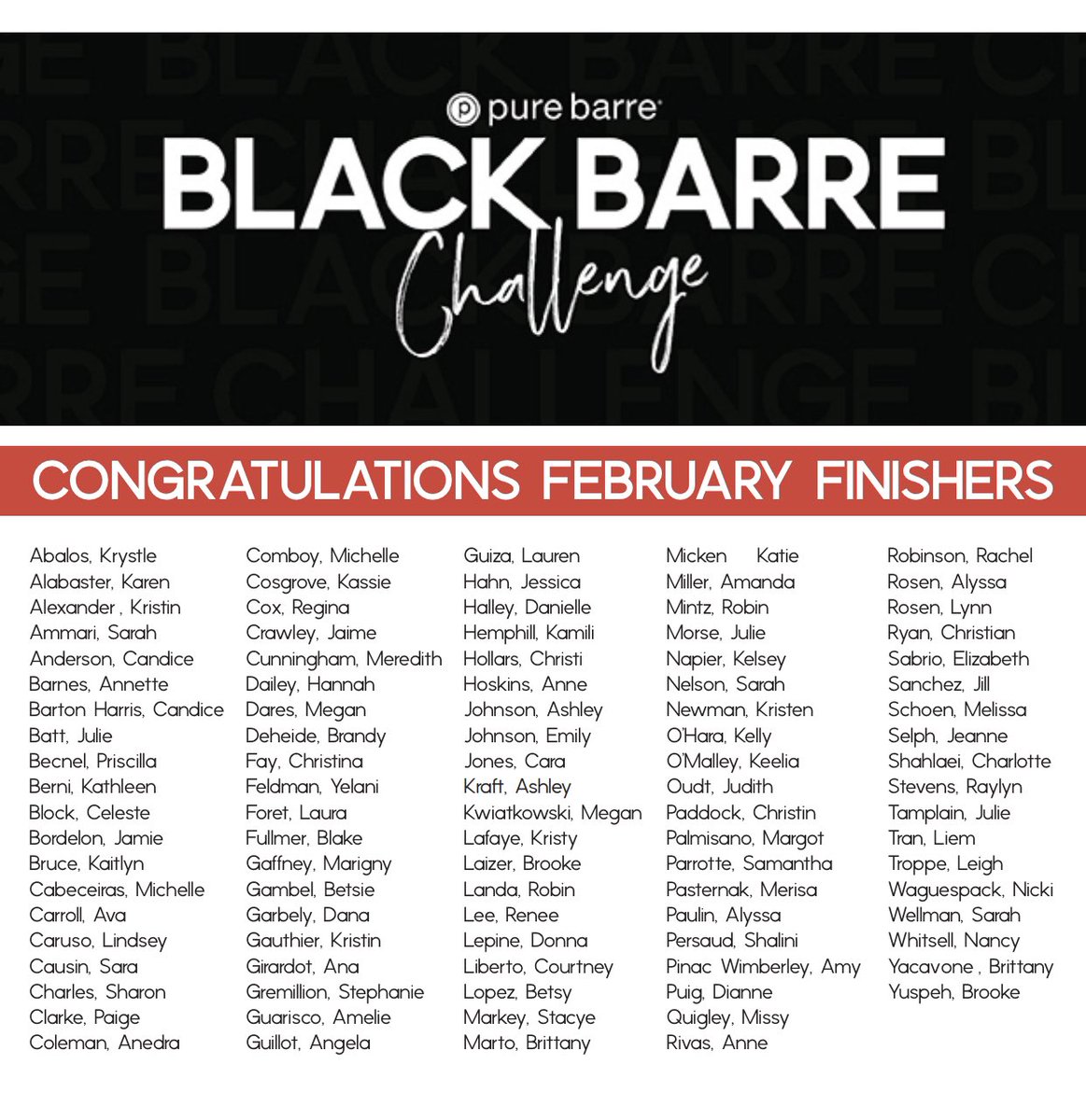 Month 2, D O N E. Congratulations to the 88 clients and 10 staff members who crushed their 15 or more classes this month to complete the second month of our year-long Black Barre Challenge!