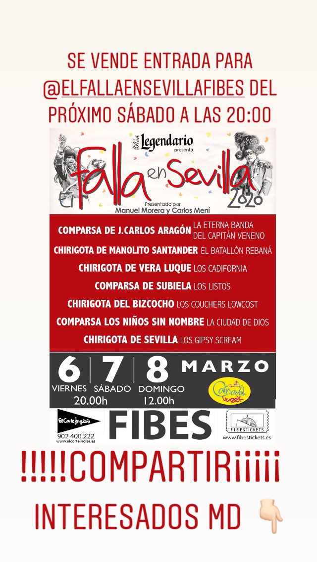 Se vende ENTRADA para <a href="/FallaEnSevilla/">El Falla en Sevilla</a> sábado 20:00 <a href="/kamunray/">Latidos al 3x4 ♥</a> <a href="/Karnavaleros/">Karnavaleros</a> <a href="/codigocarnaval/">Código Carnaval</a> <a href="/alsondecarnaval/">Al son del Carnaval</a> <a href="/carnavalcalle/">carnavalcallejero</a> <a href="/Carnavaladictos/">𝘾𝙖𝙧𝙣𝙖𝙫𝙖𝙡𝙖𝙙𝙞𝙘𝙩𝙤𝙨</a>