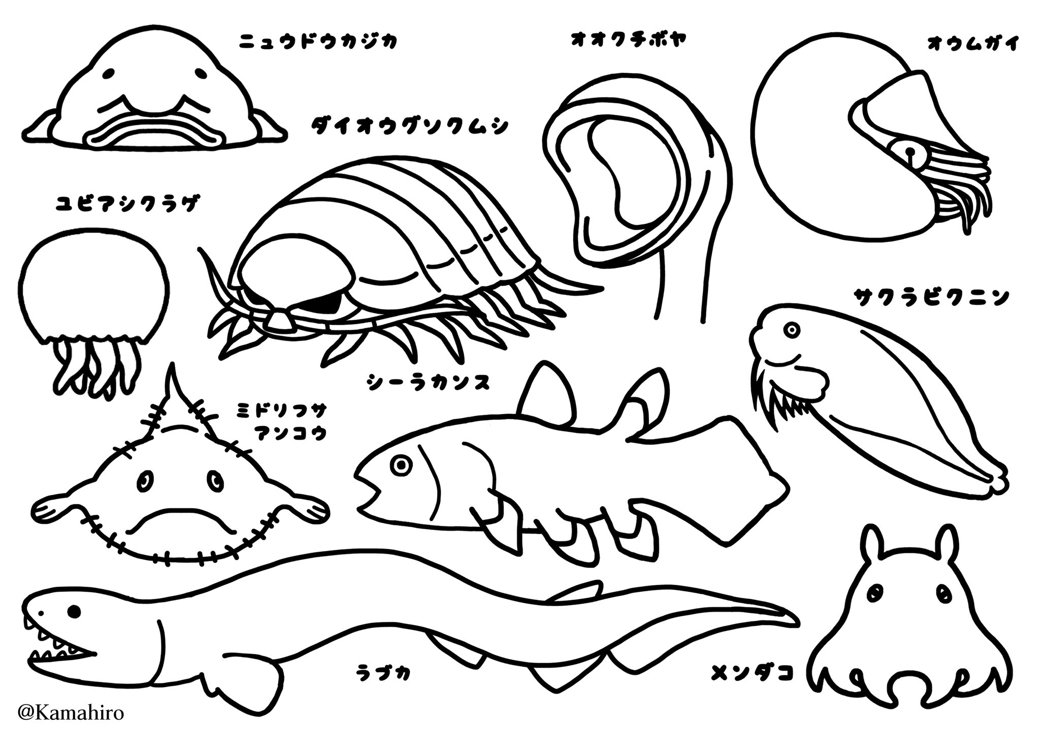 深海collectite 深海生物たちのイラストグッズ Twitter પર イラストレーターにできること 素敵な活動だと思ったので 参加させていただきました 深海魚とデジタル時代の線画イラストをぬりえをにしてみましたので良ければお使いください サイズ 使用